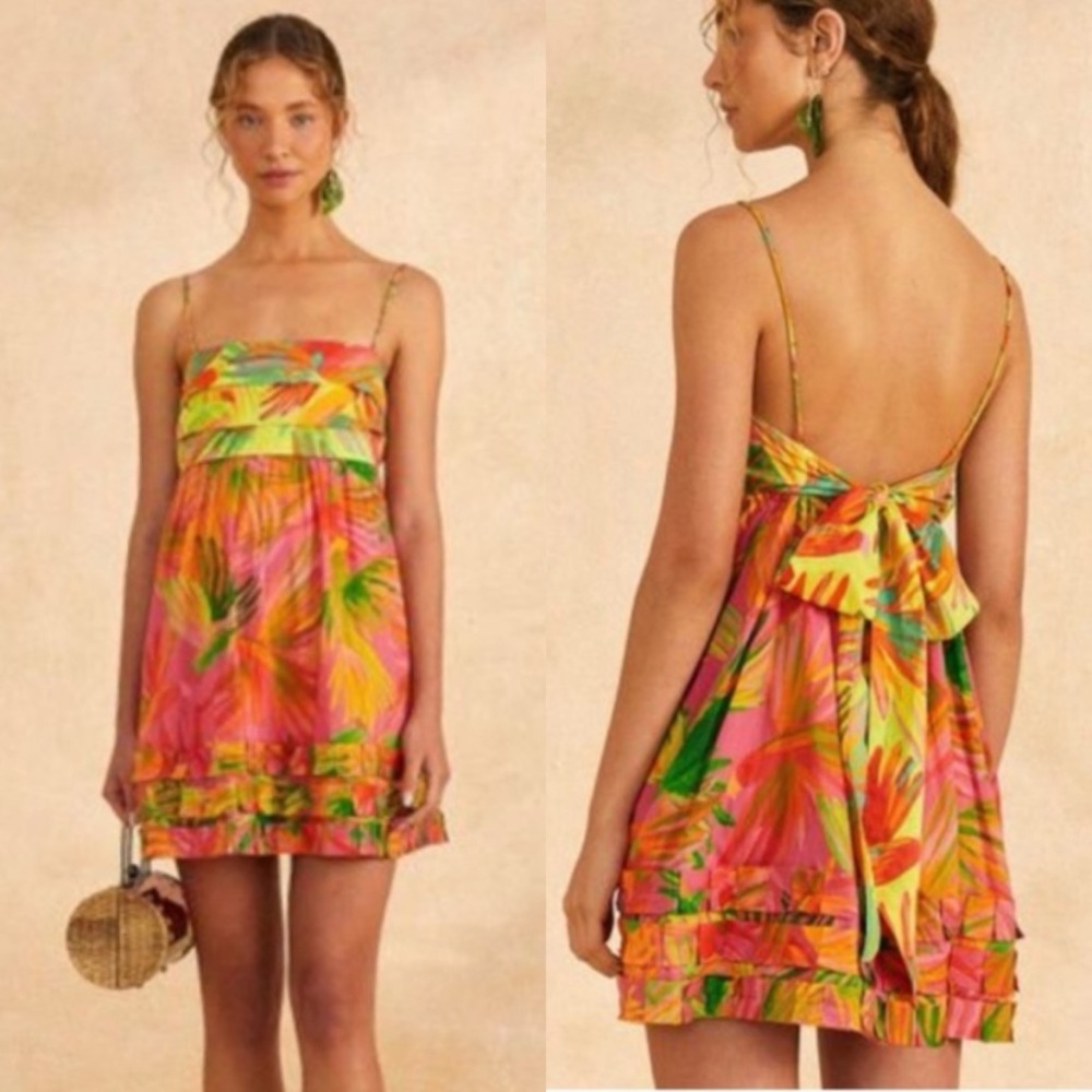 Farm Rio Painted Birds Tropical Print Strappy Dress